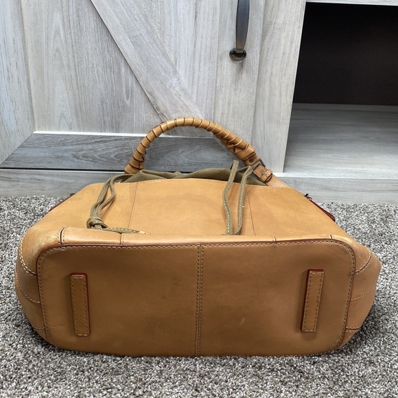 Calvin Klein Tan Leather Saddlebag Canvas Drawstring Woven Handled Bag Rare - Picture 8 of 11